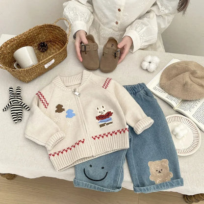 Baby Sweater Early Spring Korean Style Fashion Knitted Cardigan Spring and Autumn Girls' Cartoon Cute Sweater Versatile