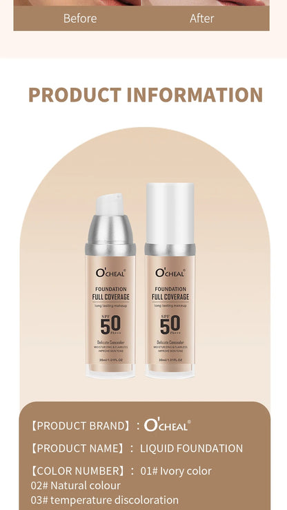 O‘CHEAL 50PA+++ Liquid Foundation Cream Lasting Coverage Makeup Concealer Moisturizing Bright Skin Tone Hydrating Beauty Cream