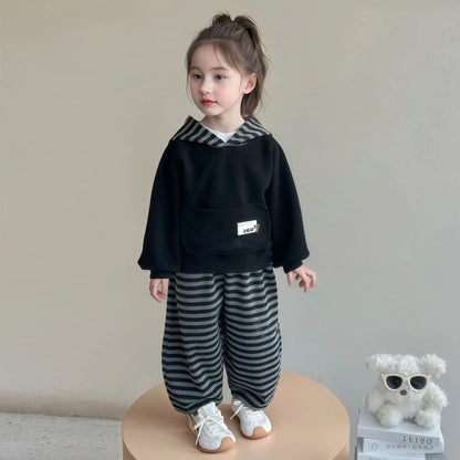 Girl Hoodie 2-Piece Set Spring Autumn Stripe Tops Pullover Pants Sportswear Child Kawaii Fashion New Style Casual Clothing 3-12Y
