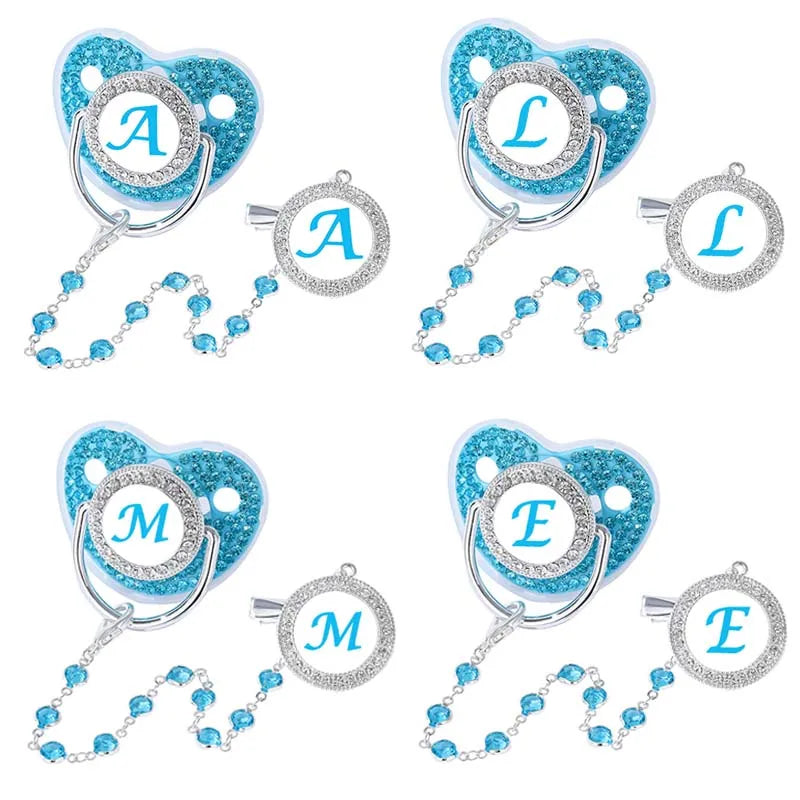 Blue Zircon Baby Pacifier Clip 26 Letters Newborn Personalized Luxury Pacifiers Holder Silicone Infant Teether Nipple Bpa Free