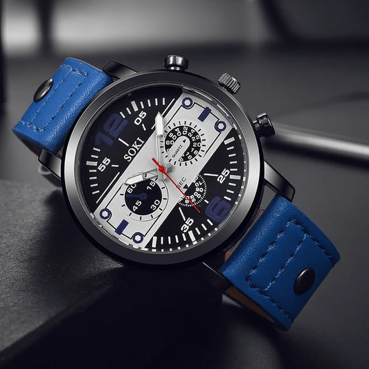 Sleek Men’s Watch Chic Brown Leather Band Quartz Watch Modern Black White Orange Three Eye Contrast Color Chronograph Wristwatch