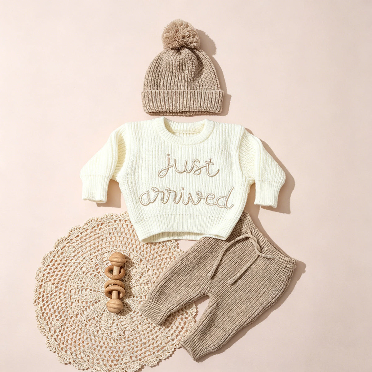 Ylsteed 3 Pcs Set Knitting Newborn Boy Photography Clothes "Just Arrived" Embroidery Khaki Baby Outfits Sweater Baby Shower Gift