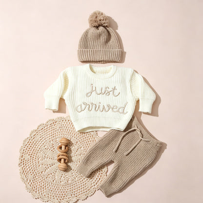 Ylsteed 3 Pcs Set Knitting Newborn Boy Photography Clothes "Just Arrived" Embroidery Khaki Baby Outfits Sweater Baby Shower Gift
