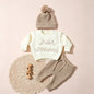 Ylsteed 3 Pcs Set Knitting Newborn Boy Photography Clothes "Just Arrived" Embroidery Khaki Baby Outfits Sweater Baby Shower Gift