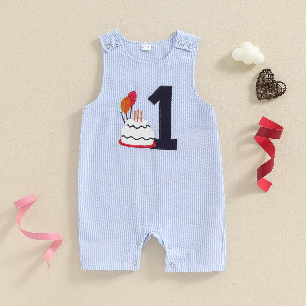 FOCUSNORM 3 Colors 0-18M Lovely Baby Boys Overalls Romper Sleeveless Letter Embroidery Cake Striped Birthday Jumpsuits