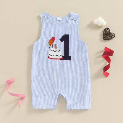 FOCUSNORM 3 Colors 0-18M Lovely Baby Boys Overalls Romper Sleeveless Letter Embroidery Cake Striped Birthday Jumpsuits