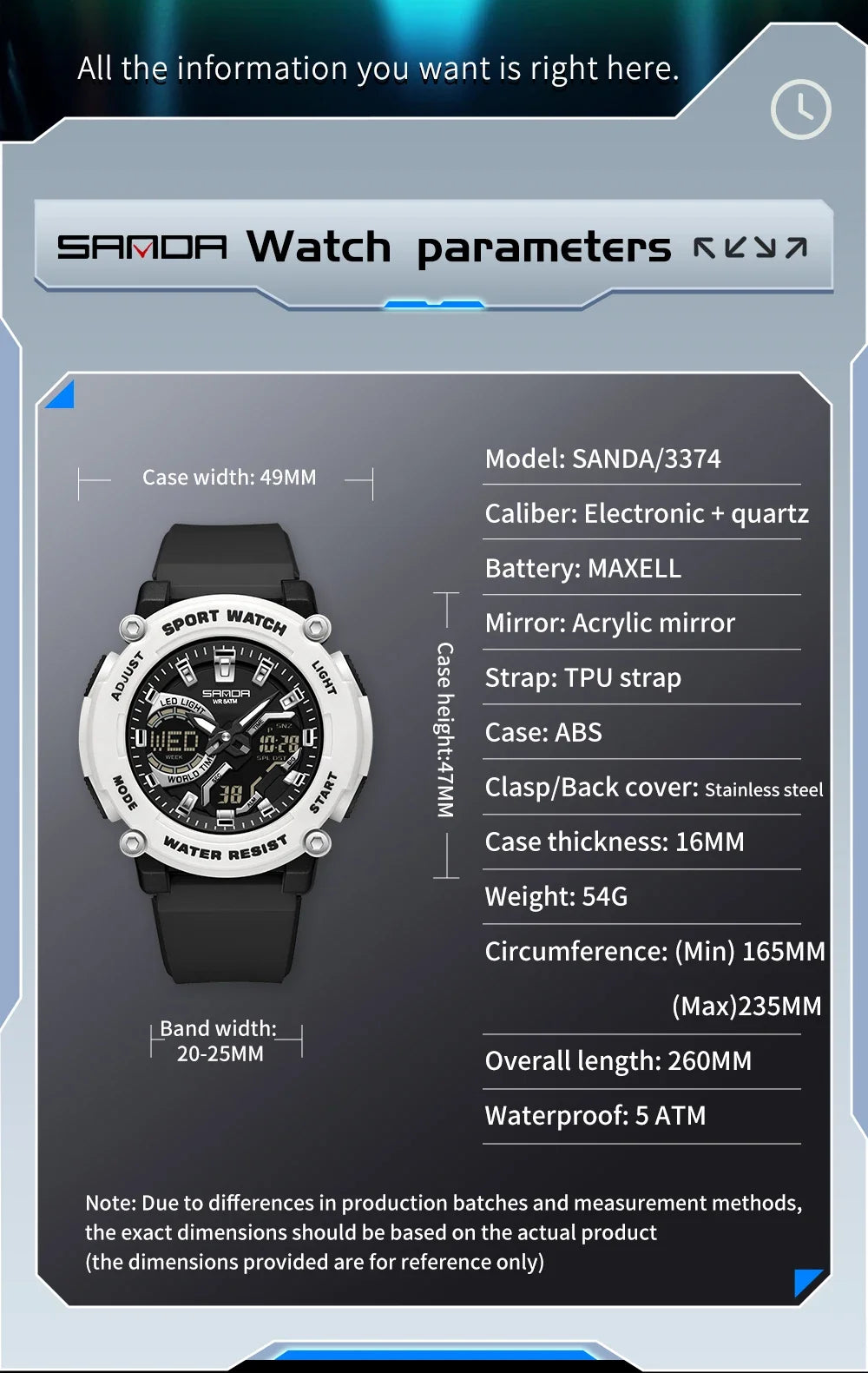 SANDA Outdoor Men's Electronic Wristwatch Large Dial Multifunctional Waterproof Luminous Alarm Military Sports Watch