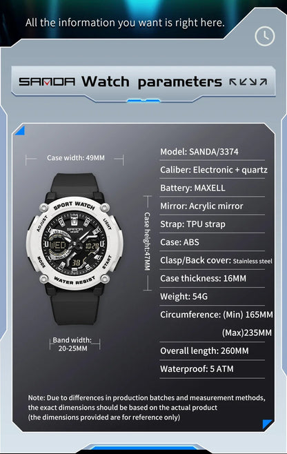 SANDA Outdoor Men's Electronic Wristwatch Large Dial Multifunctional Waterproof Luminous Alarm Military Sports Watch