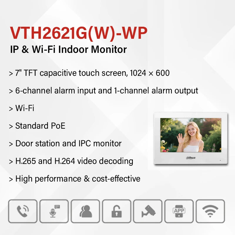 Dahua IP & Wi-Fi Indoor Monitor White VTH2621GW-WP Black VTH2621G-WP Video Intercom 7" PoE Screen IP Camera Monitor Full Digital