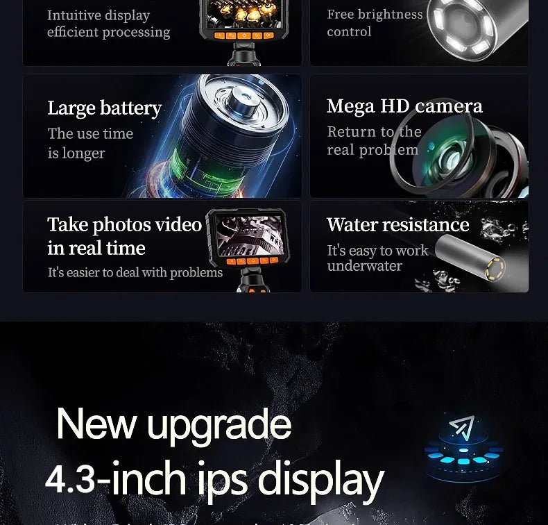360 Articulating Borescope 1080P 6.0mm 4.3inch LCD Monitor Industrial Inspection Camera With 2 Way Articulation For Automotive