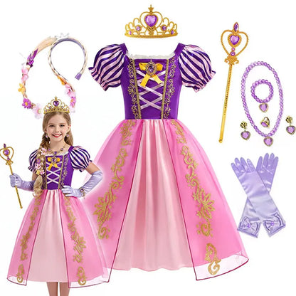 Girls Rapunzel Costume Children Cosplay Tangled Princess Dress Kids Halloween Carnival Birthday Pageant Party Clothes