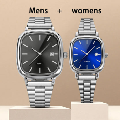 Couple Watches for Men and Women; Quartz Watches with Stainless Steel Bands and Calendar; Christmas Gift.