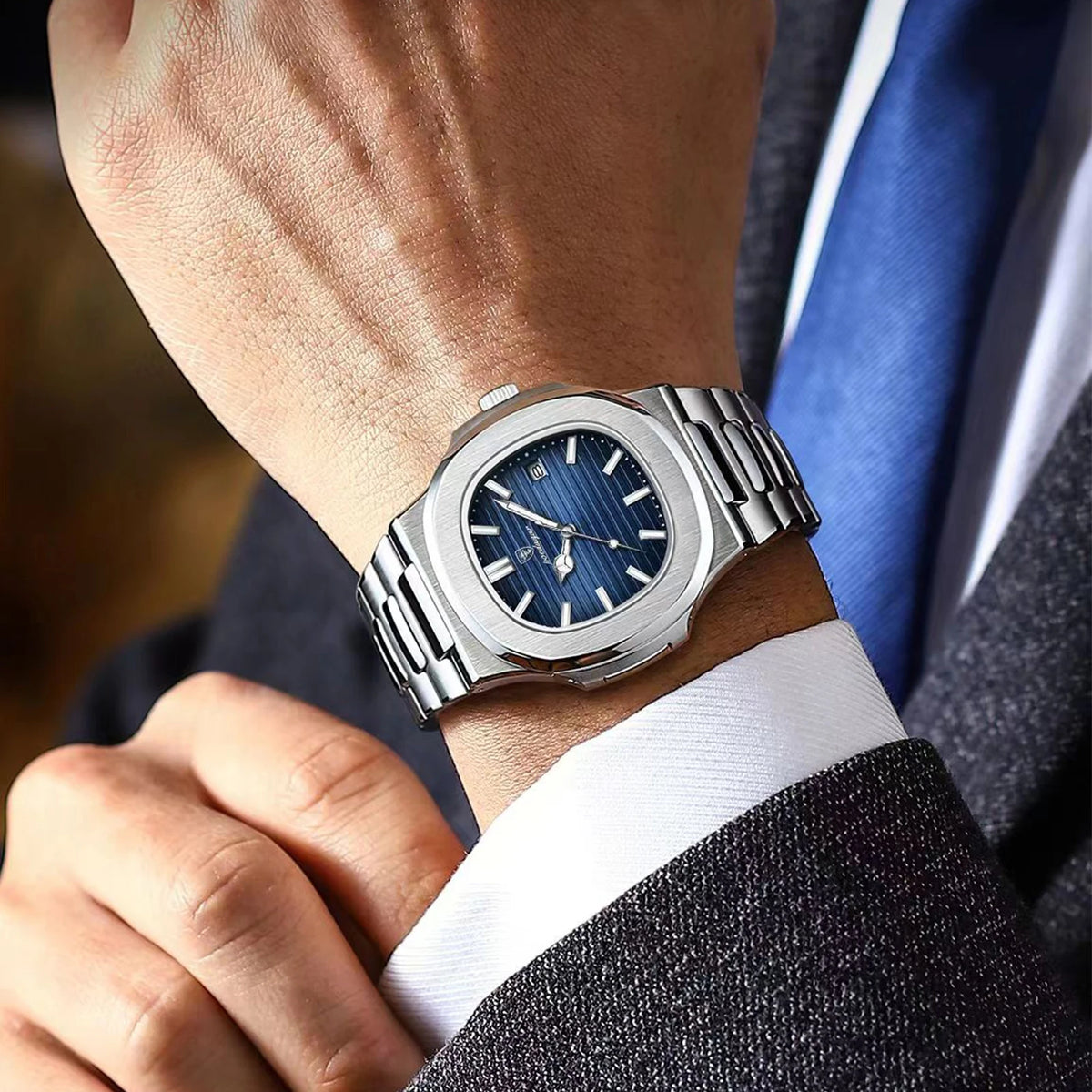 POEDAGAR Luxury Watch For Man Waterproof Luminous Date Men Wristwatch Square Stainless Steel Business Men's Quartz Watches Reloj
