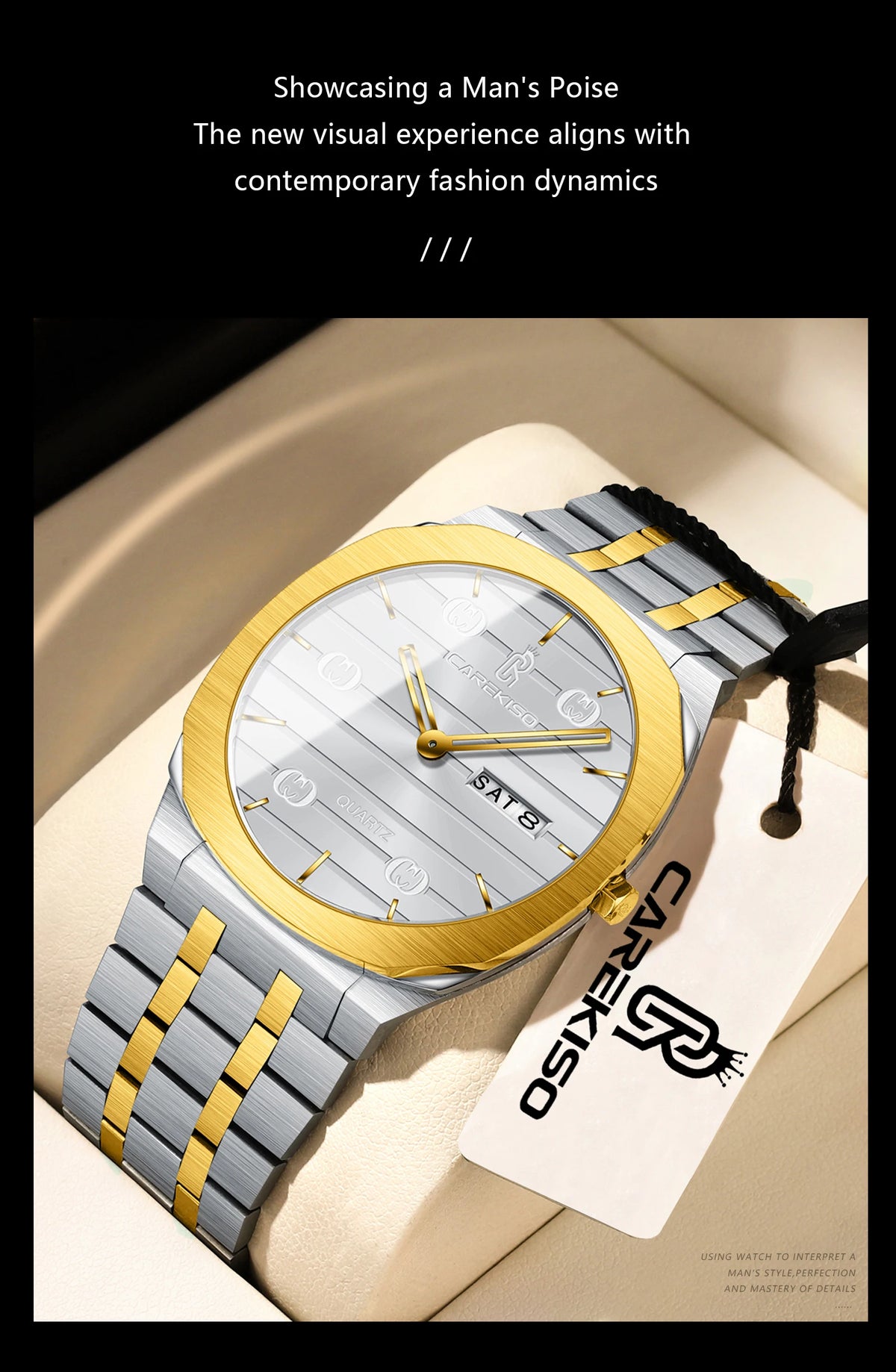 CAREKISO Luxury Fashion Men Clock Waterproof Week Date Casual Man Wristwatch Stainless Steel Quartz Business Men's Watches Reloj