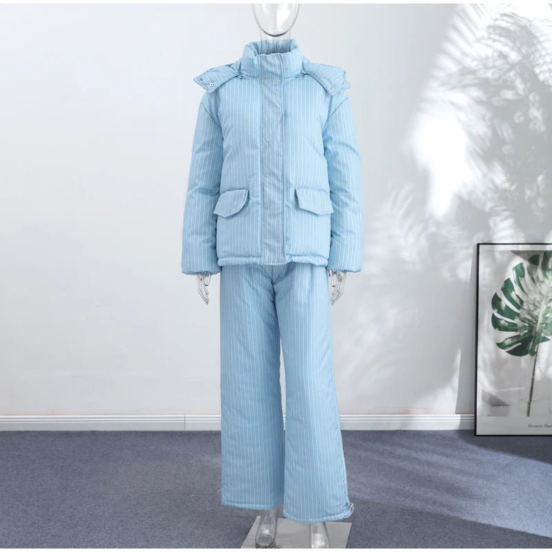 Street Striped Women's Cotton Coat Trouser Suits Hooded Zippers  Autumn Winter Thicken Lady Set 2026 Chic Female Outfits
