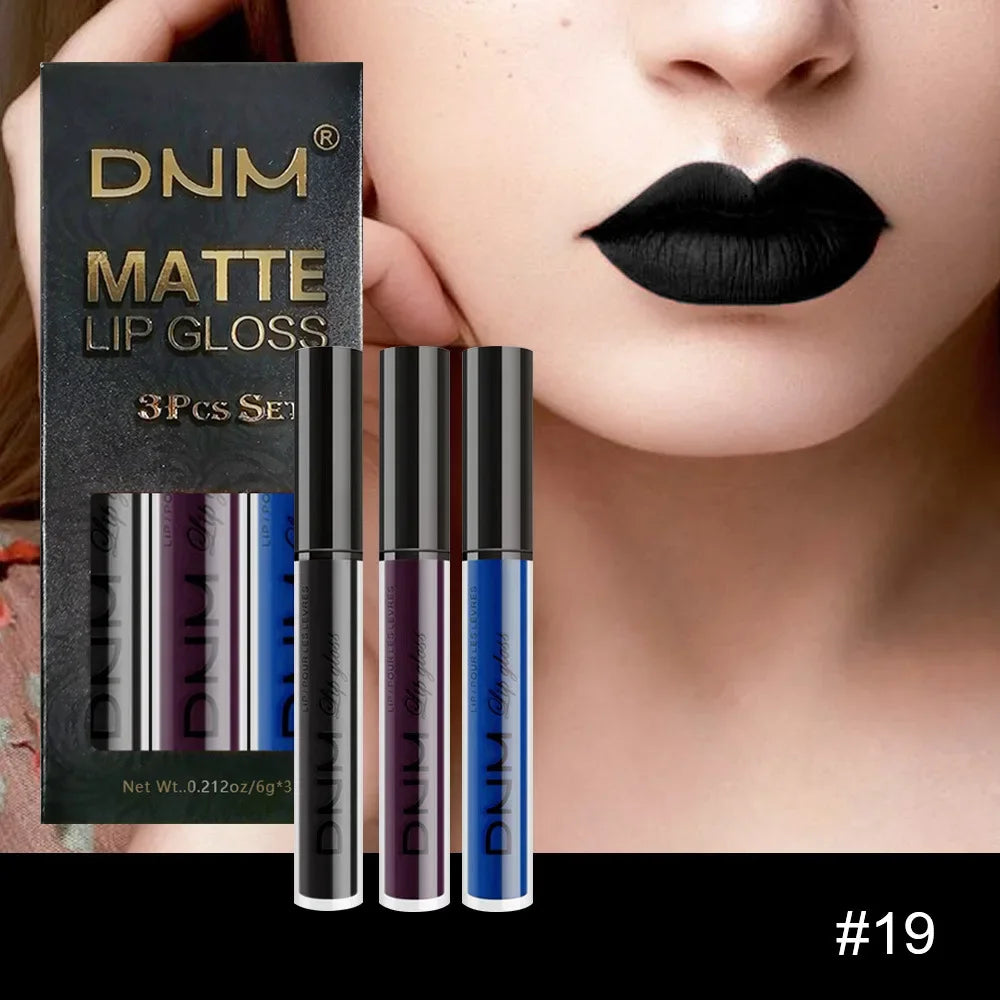 DNM 3PCS Liquid Lipstick Sets Waterproof Matte Black Blue Purple Blue Sexy Lip Gloss Long Lasting Nude Lip Tint Stain Makeup Kit