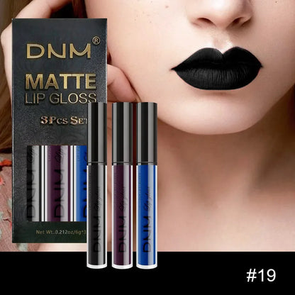 DNM 3PCS Liquid Lipstick Sets Waterproof Matte Black Blue Purple Blue Sexy Lip Gloss Long Lasting Nude Lip Tint Stain Makeup Kit