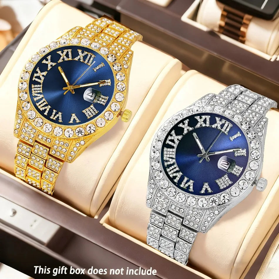 2-Piece Men's Luxury Watch Set - Classic Minimalist Large Dial Casual Versatile Quartz Watch Golden & Silvery Combination Set