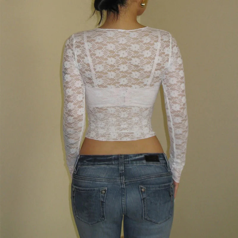 Women's Long Sleeve See through Lace Crop Top Sexy Bodycon T-Shirt Solid Color Party Clubwear for Autumn Winter