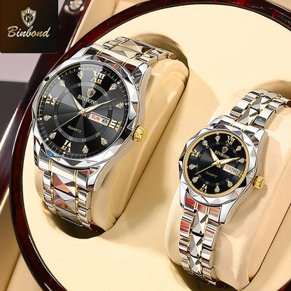BINBOND 2pcs/Set Couple Watches 30M Waterproof Fashion Diamond Valentine Day Gift Stainless Steel Watch Men Women Quartz Watch