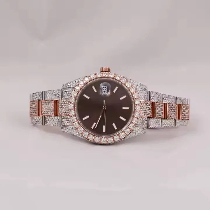 Rose Gold Moissanite Watch in Pink Dial Stainless Steel on Face Quartz Watches for Export Sale Hip Hop Diamond Watch