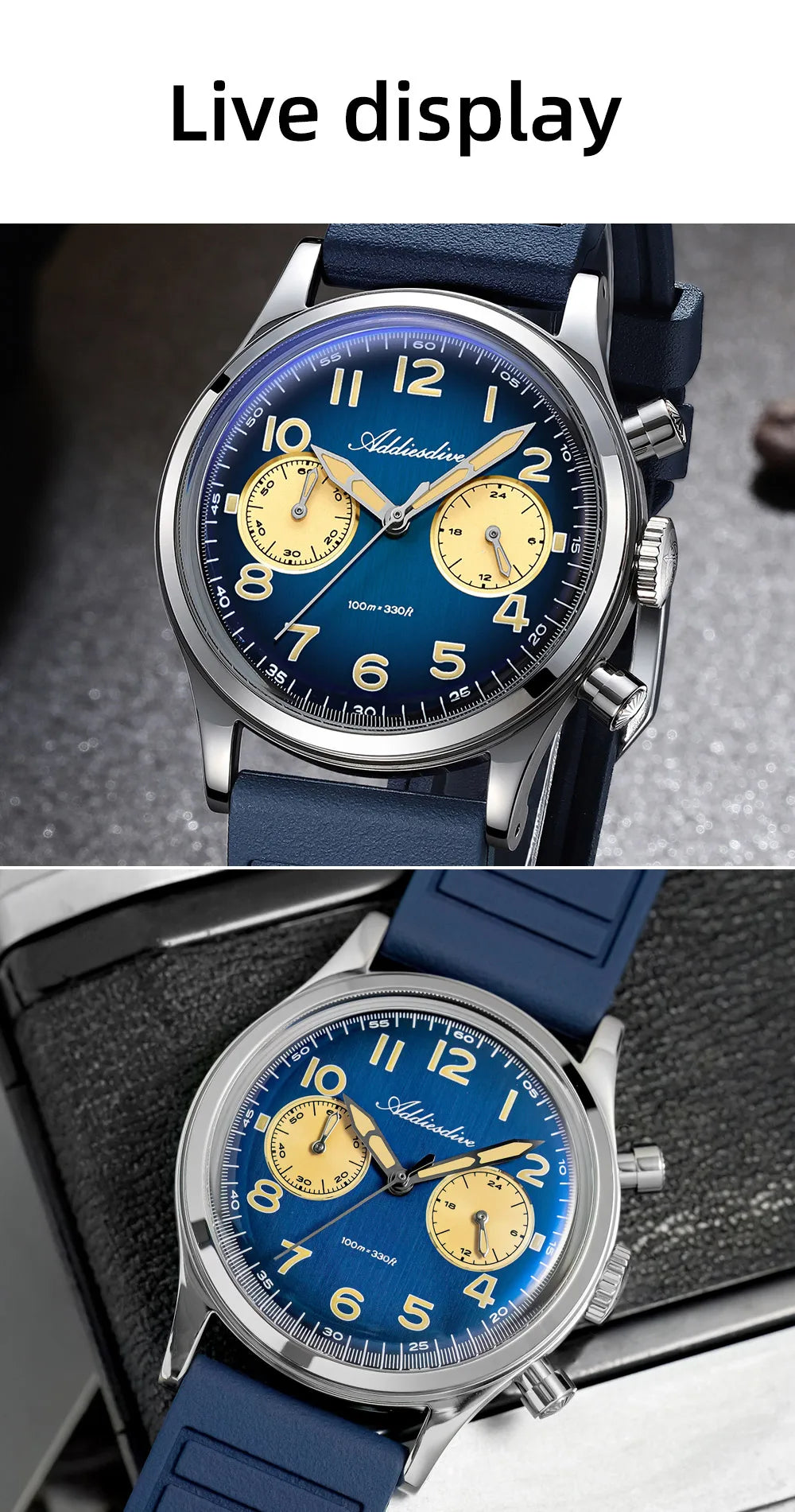 ADDIESDIVE New 2025 Chronograph 38mm Men's Watches VK64 Quartz Wristwatch Luminous Bubble Mirror 10Bar Waterproof Steel Watch