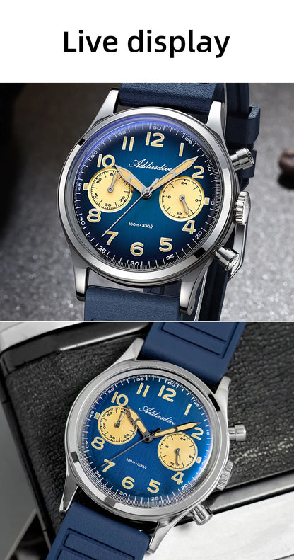 ADDIESDIVE New 2025 Chronograph 38mm Men's Watches VK64 Quartz Wristwatch Luminous Bubble Mirror 10Bar Waterproof Steel Watch