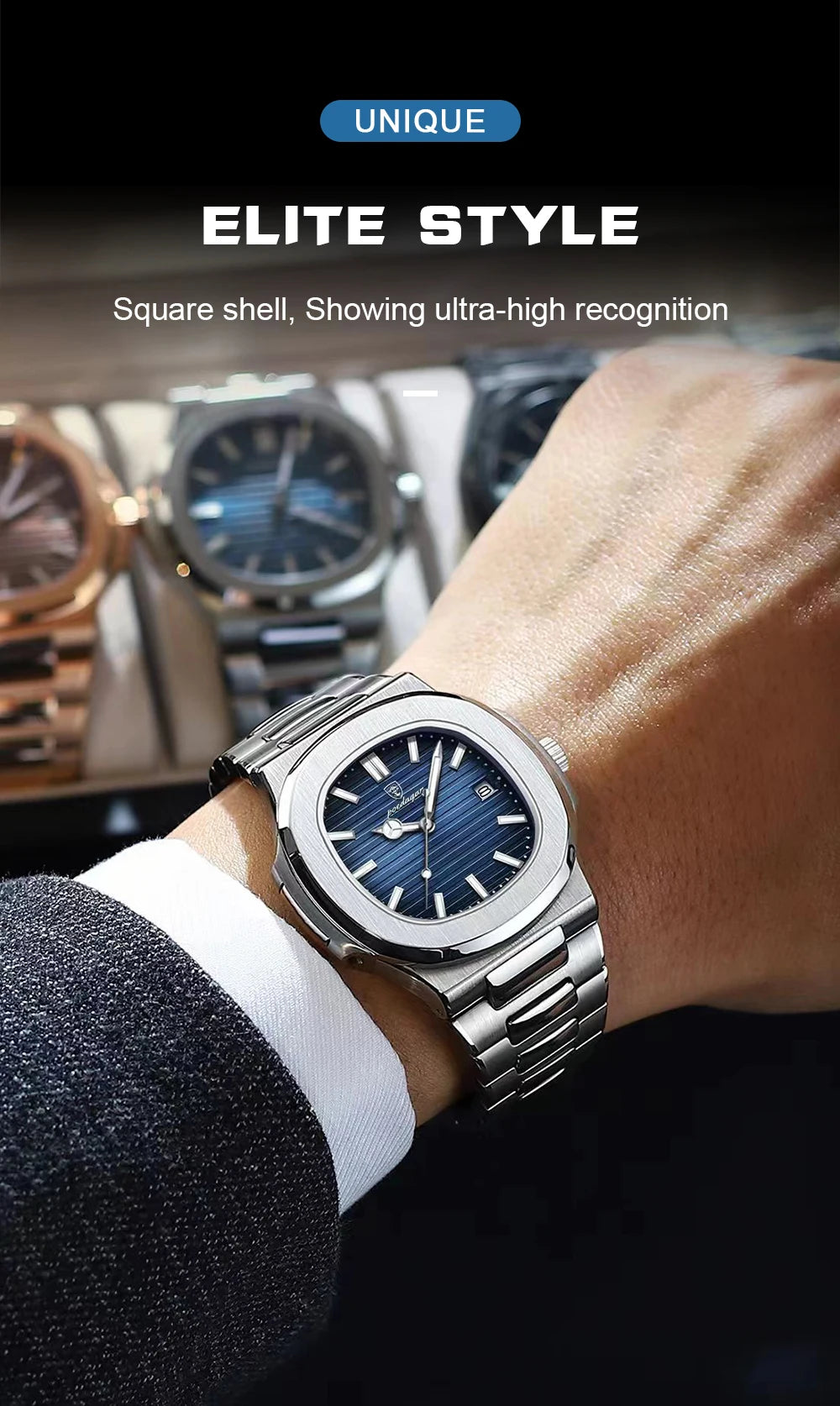 POEDAGAR Luxury Watch For Man Waterproof Luminous Date Men Wristwatch Square Stainless Steel Business Men's Quartz Watches Reloj