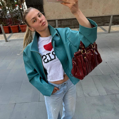 Street Pu Leather Women Jacket Elegant Long Sleeve Zippers Stand Collar Female Outwear 2026 Autumn Winter Chic Lady Coat
