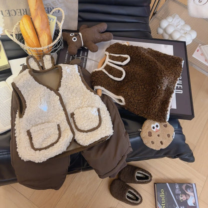 Autumn Winter Baby Lamb Wool Warm Waistcoat Girls Bunny Ears Plush Vest Single Breasted Layer Child Warm Fashion Warm Coat