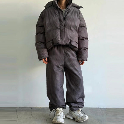 Casual Women's Stripe Set With Hat Full Sleeve Cotton Padded Coat Straight Pants Female Loose Sets 2026 Autumn Winter Lady Suit