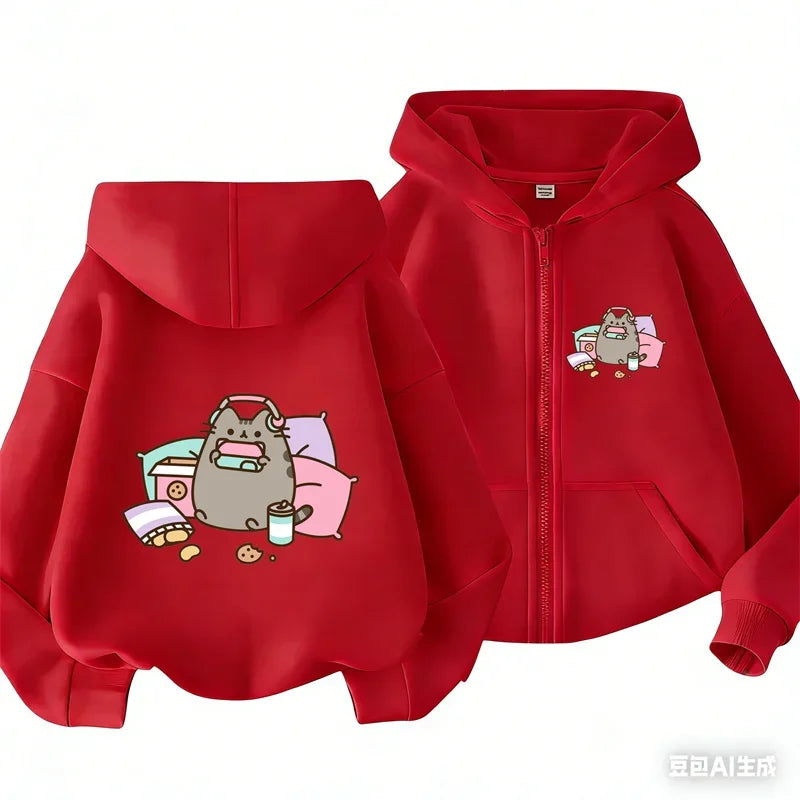 Cozy Pusheen Cat With Headphones Snacks Front Back Zip Up Hoodie For Kids Long Sleeve Lovely Cartoon Casual Outerwear Jacket