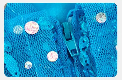 Girl Stunning Princess Maxi Dress All Body Sequin Covered Blue Train Sparkly Tulle Costume Snow Queen Party Elsa Cosplay Outfit