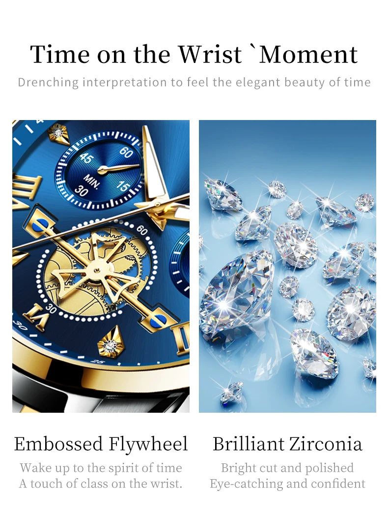 OLEVS Luxury Flywheel Design Couple Wristwatch Chronograph Waterproof Moon Phase Watch Brand Original Quartz Watch for Men Women