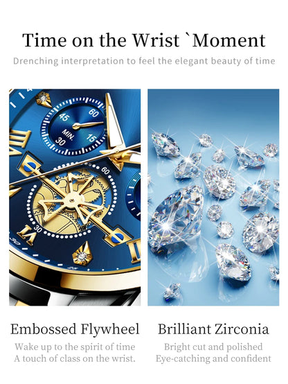 OLEVS Luxury Flywheel Design Couple Wristwatch Chronograph Waterproof Moon Phase Watch Brand Original Quartz Watch for Men Women