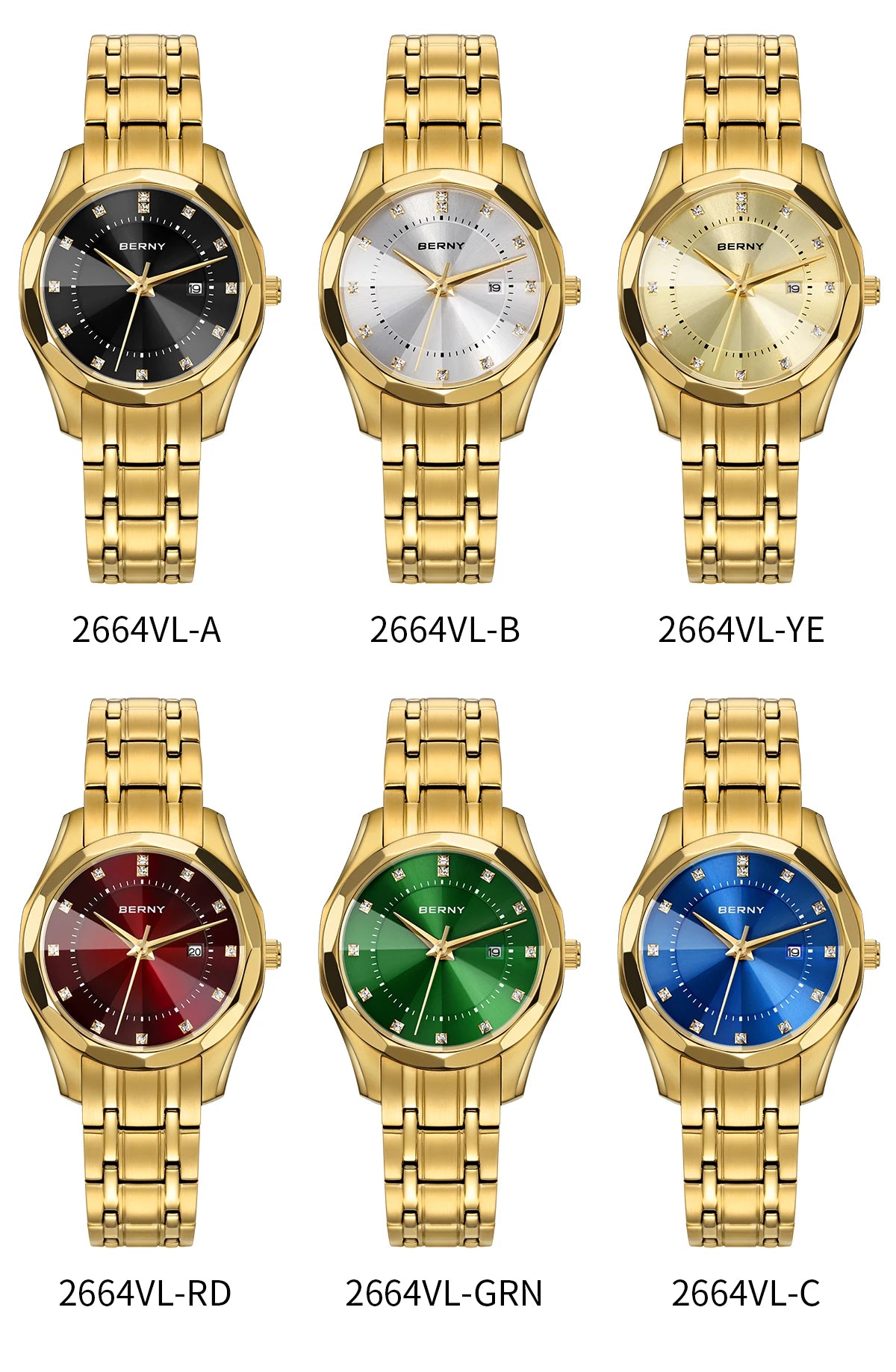 BERNY Golden Watch for Women Quartz Luxury Diamond Shape Lens Ladies Wristwatch Waterproof Stainless Steel Fashion Women Watch
