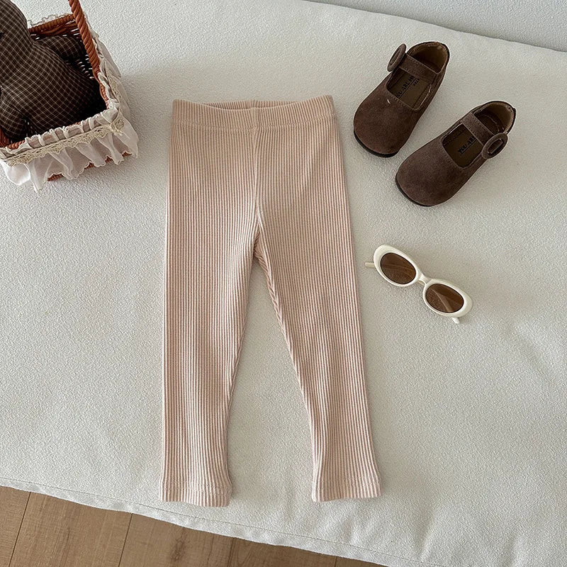 Children's Solid Color Leggings Cotton Ribbed Toddler Pants Versatile Inner Outer Wear Gender Neutral Kids Trousers