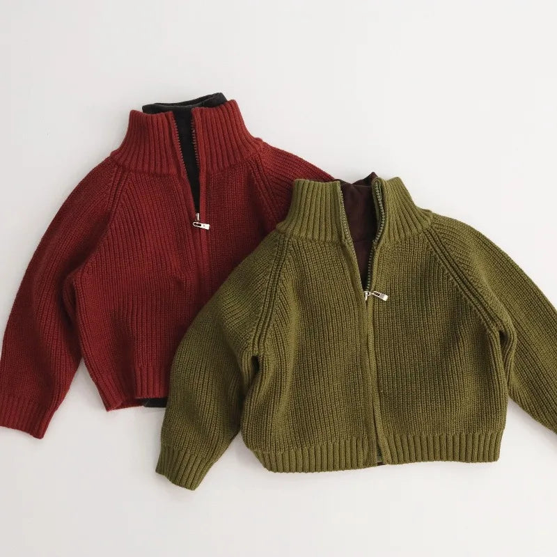 Autumn Winter Kids Sweater 1-6T Solid Color Zipper Boys Girls Turtleneck Cardigan Coat Children Baby Loose Warm Knit Tops