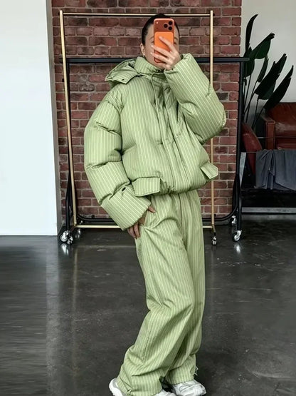 Stripe Women's Padded Cotton Coats Pant Suit Hooded Zipper Puffer Coat Loose Thick Pants 2026 Fashion Lady Autumn Winter Ski Set