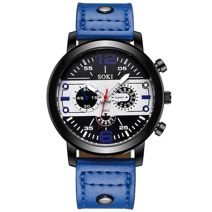 Sleek Men’s Watch Chic Brown Leather Band Quartz Watch Modern Black White Orange Three Eye Contrast Color Chronograph Wristwatch
