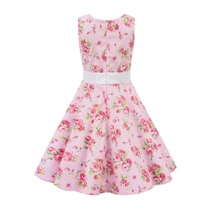 LPATTERN Girls' Vintage Rockabilly Dress Party Retro Polka Dot Floral Pattern A-line Dresses Pleated Skirt Knee-Length for 4-10Y