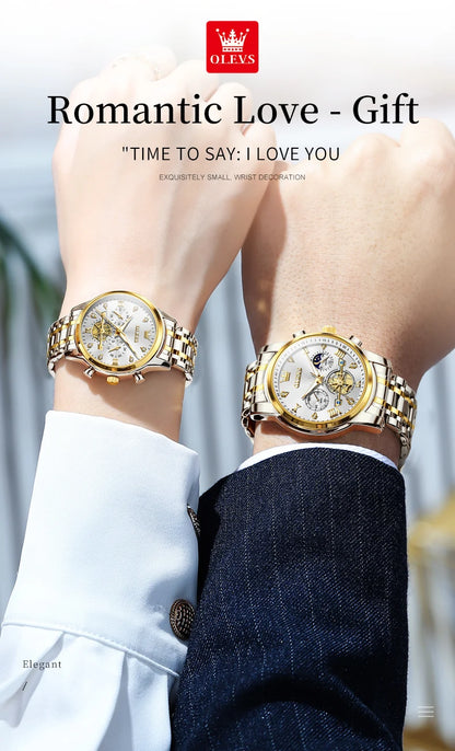 OLEVS Luxury Flywheel Design Couple Wristwatch Chronograph Waterproof Moon Phase Watch Brand Original Quartz Watch for Men Women
