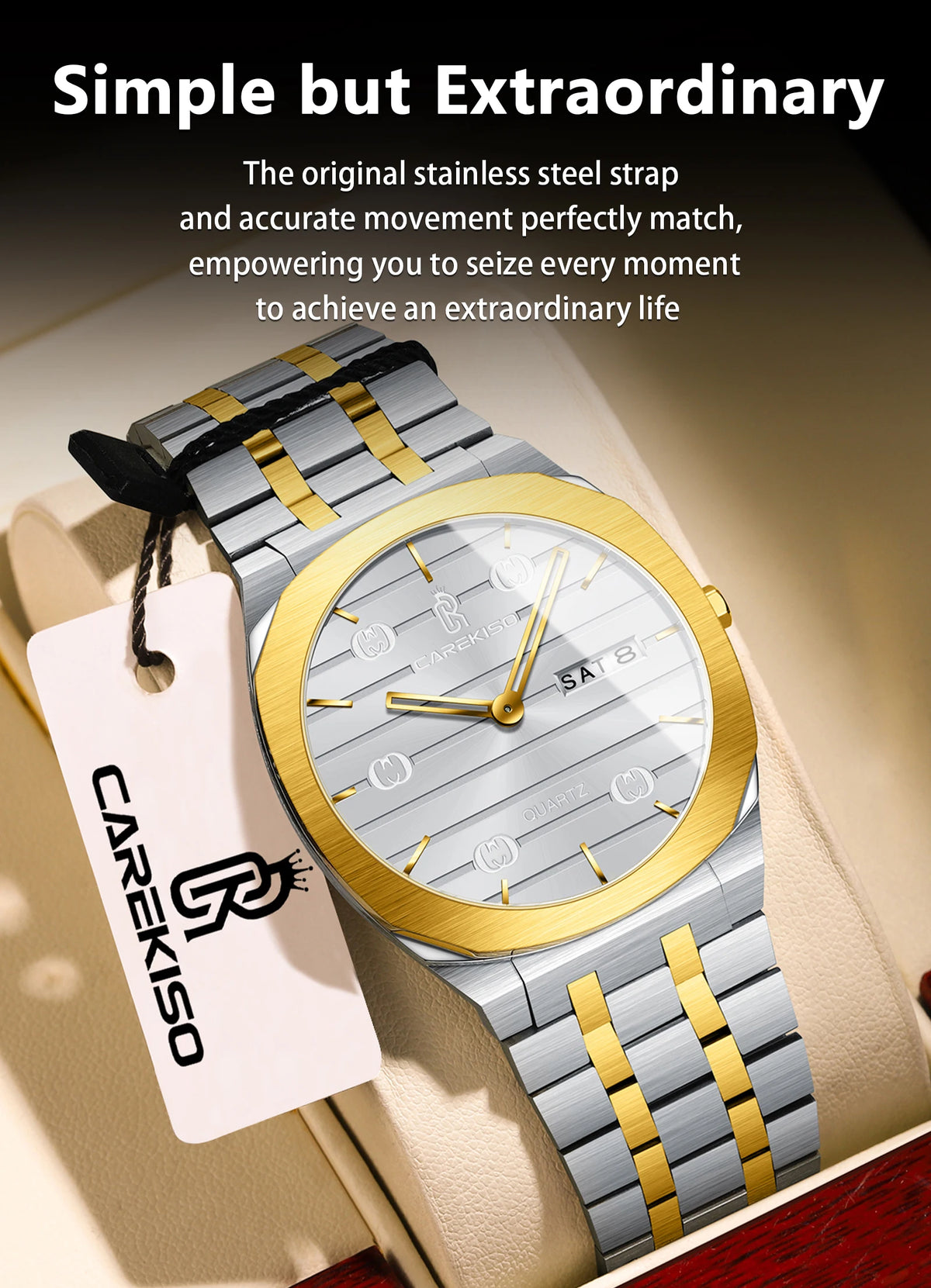 CAREKISO Luxury Fashion Men Clock Waterproof Week Date Casual Man Wristwatch Stainless Steel Quartz Business Men's Watches Reloj