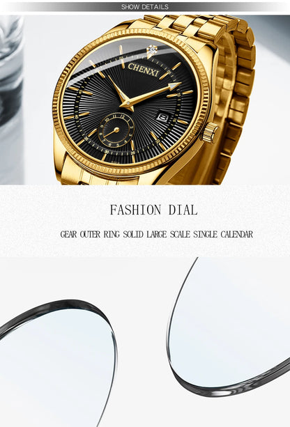 CHENXI Luxury Brand Casual Couple Watch Golden Stainless Steel Quartz Watch for Men's and Women's Waterproof Luminous Wristwatch