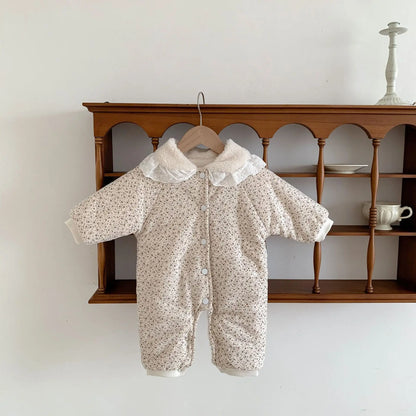 Korean Baby Cotton Jumpsuit Thickened Hooded Romper Plush Warm Autumn Winter Newborn Clothes Floral Princess Bodysuit Ropa Bebe