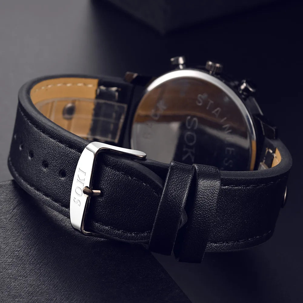 Sleek Men’s Watch Chic Brown Leather Band Quartz Watch Modern Black White Orange Three Eye Contrast Color Chronograph Wristwatch