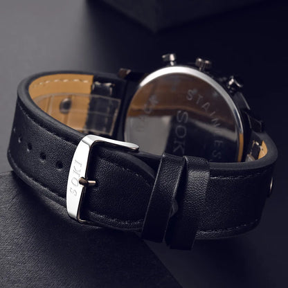 Sleek Men’s Watch Chic Brown Leather Band Quartz Watch Modern Black White Orange Three Eye Contrast Color Chronograph Wristwatch