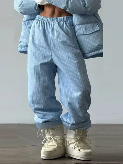 Stripe Women's Padded Cotton Coats Pant Suit Hooded Zipper Puffer Coat Loose Thick Pants 2026 Fashion Lady Autumn Winter Ski Set