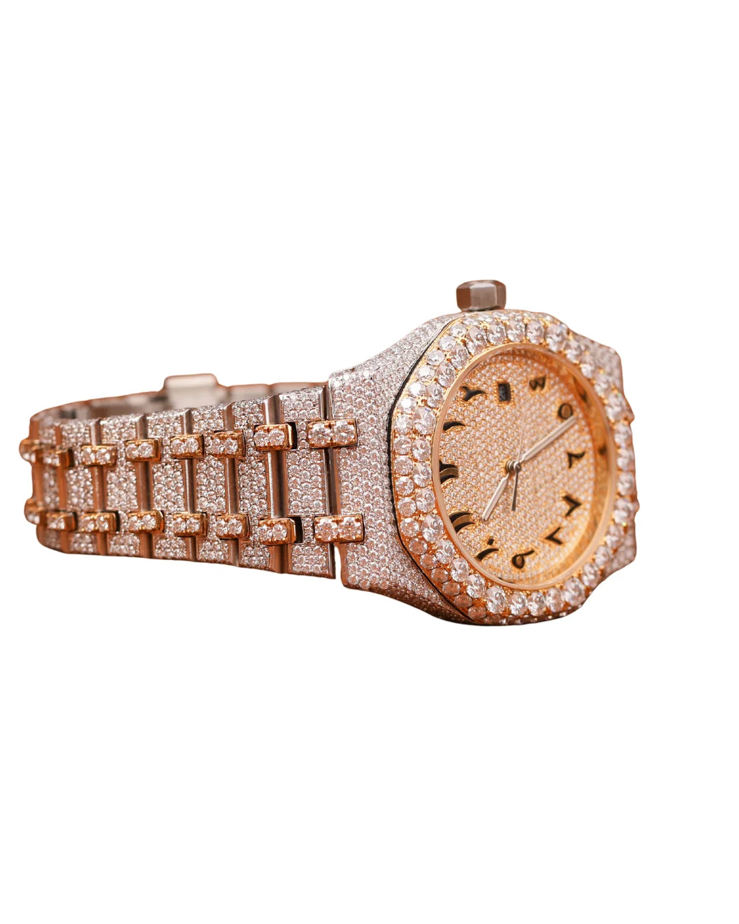 White Gold Round Shape Diamond Watch Arabic Dial for Partywear Men's Quartz Watch Available at Affordable Price
