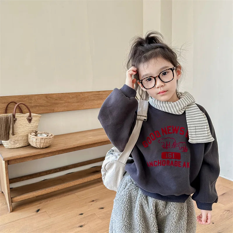 deer jonmi 2025 Winter Children Letter Printed Sweatshirts Thicken Warm Baby Boys Casual Fleece Lining Pullovers Tops